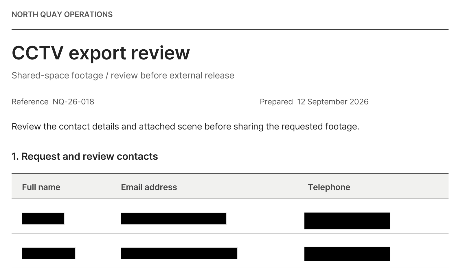 Actual PDF result with names and contact details redacted and the document design preserved