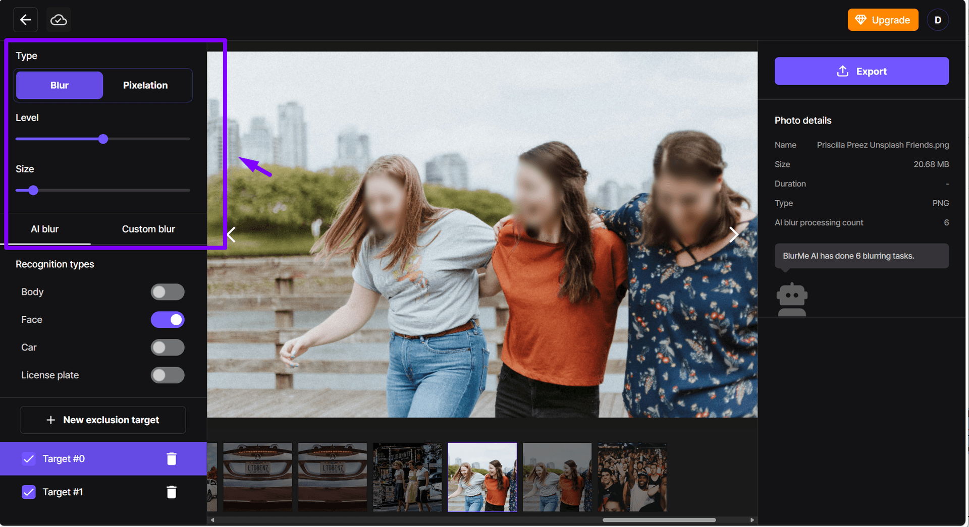 Schermata che mostra l’aggiustamento dell’effetto blur su una foto online.