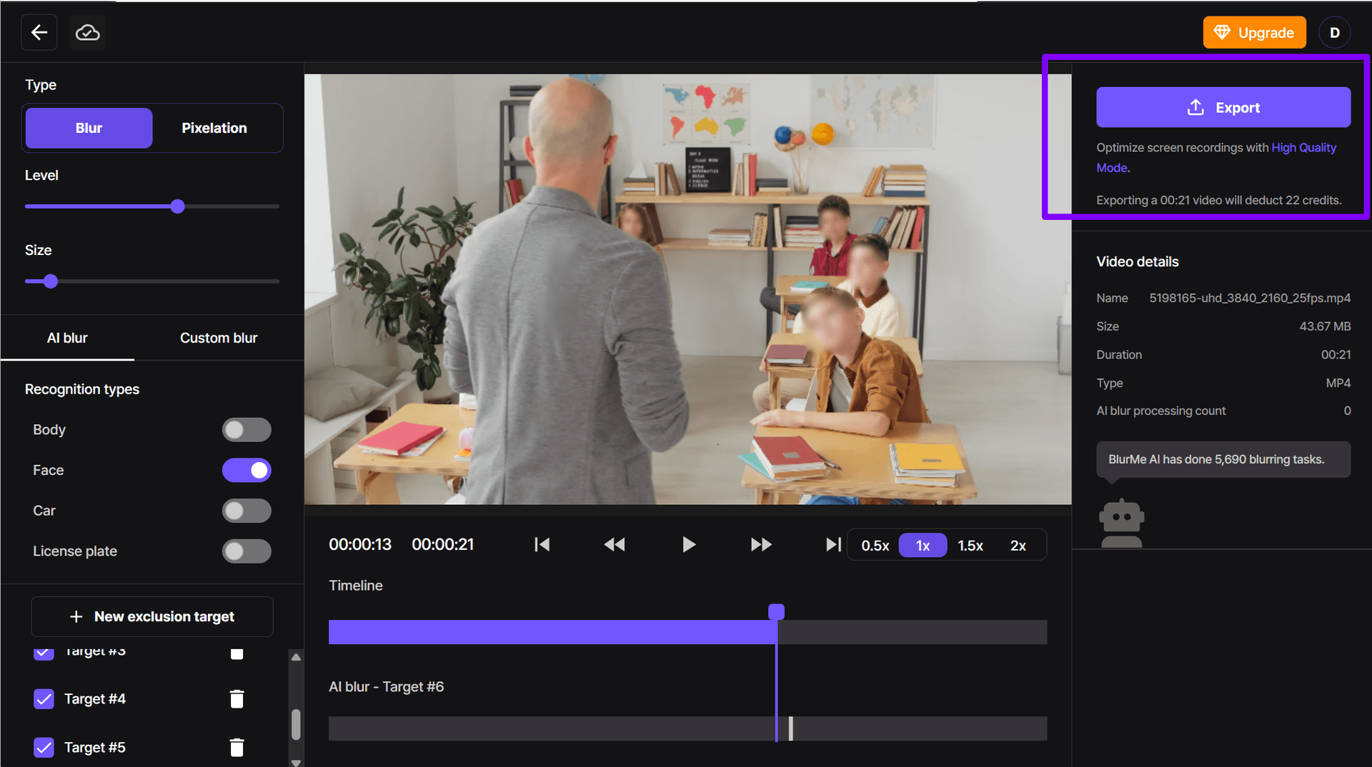 Interfaz de BlurMe para exportar y descargar el video con caras pixeladas