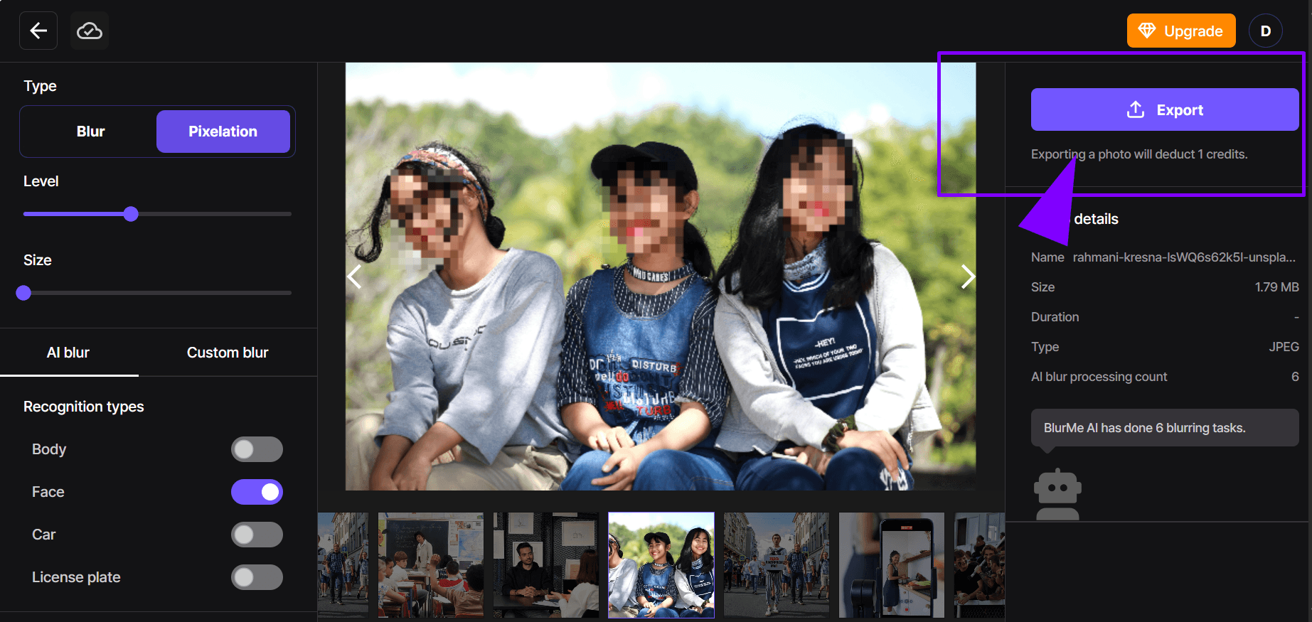 Exportar y descargar imagen editada con caras pixeladas online gratis.