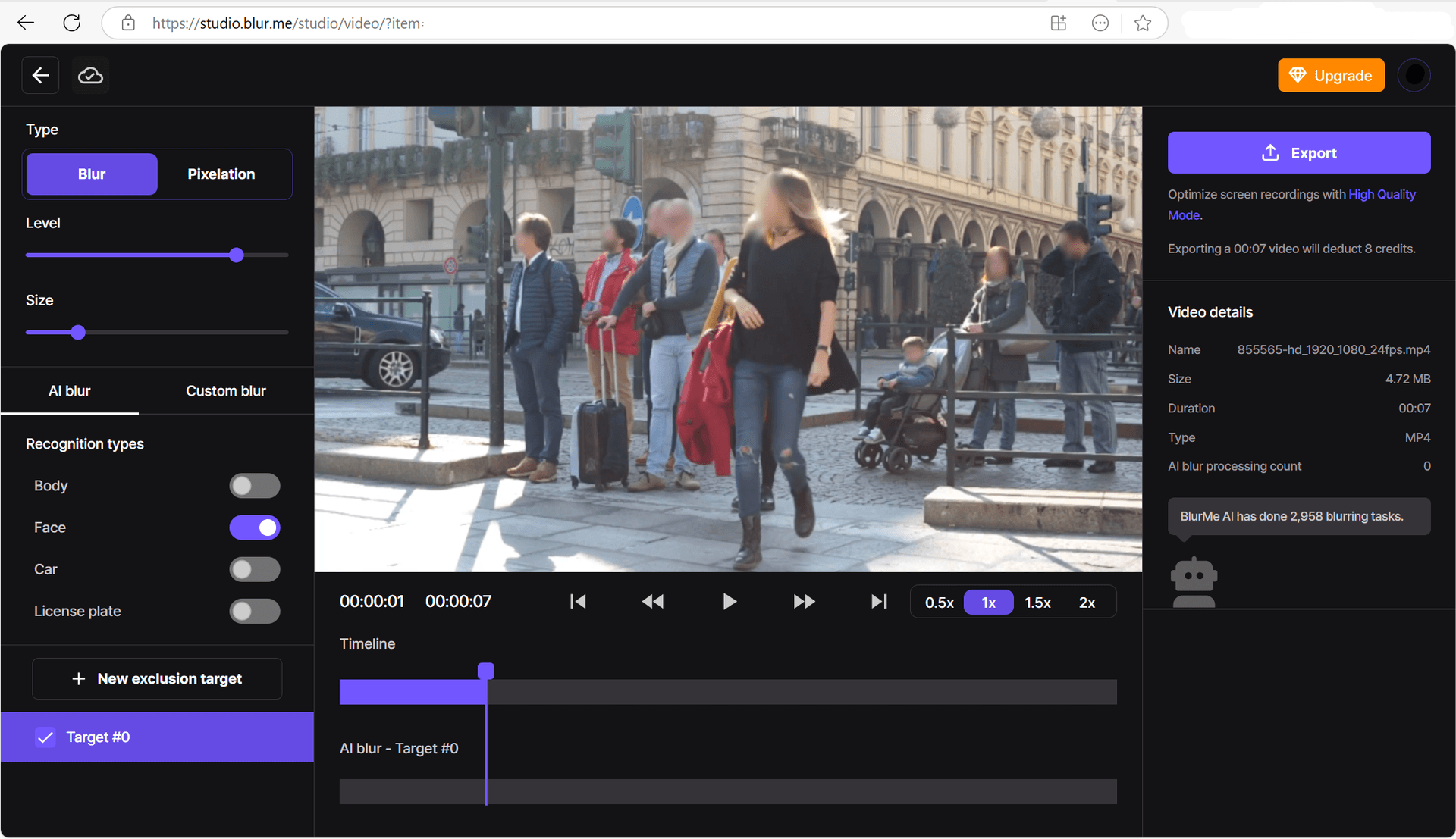 Captura de pantalla del dashboard de BlurMe mostrando la interfaz para desenfocar un video.