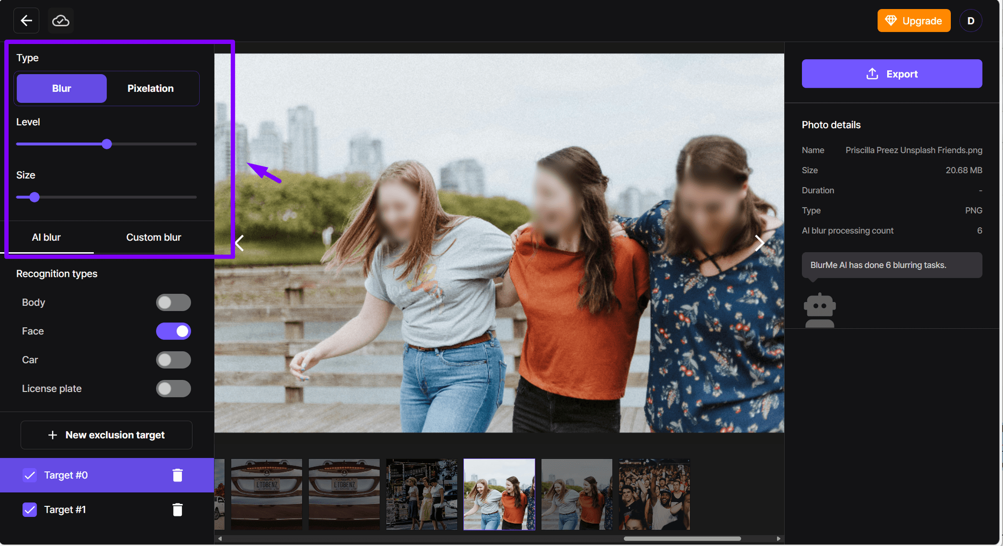 Ajuster la taille et l’intensité du flou sur un visage photo avec BlurMe pour un floutage personnalisé
