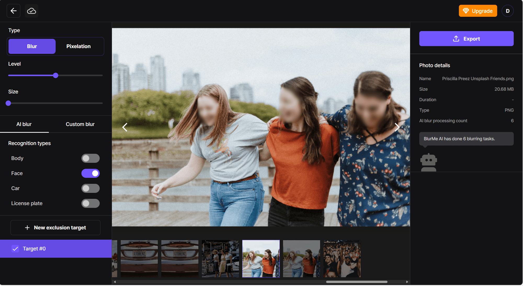 Détection automatique de visages sur une photo avec BlurMe pour flouter visage photo rapidement et facilement