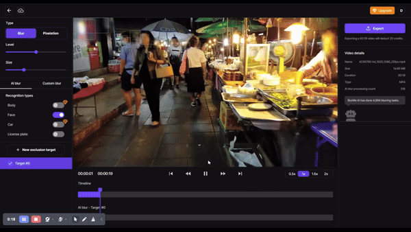 Interfaccia di BlurMe studio che mostra come regolare l'effetto di sfocatura