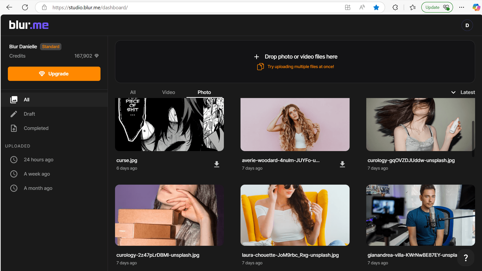 A screenshot of the BlurMe interface with an image upload button for blurring faces in a photo