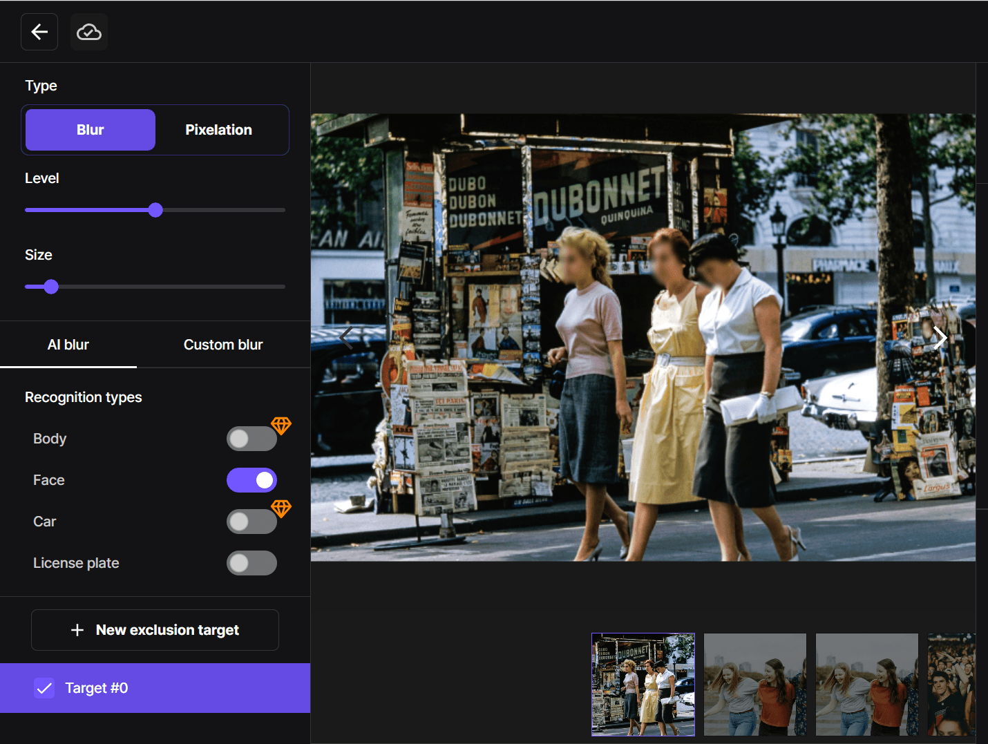 Interface montrant comment choisir entre le flou ou la pixellisation pour censurer des images