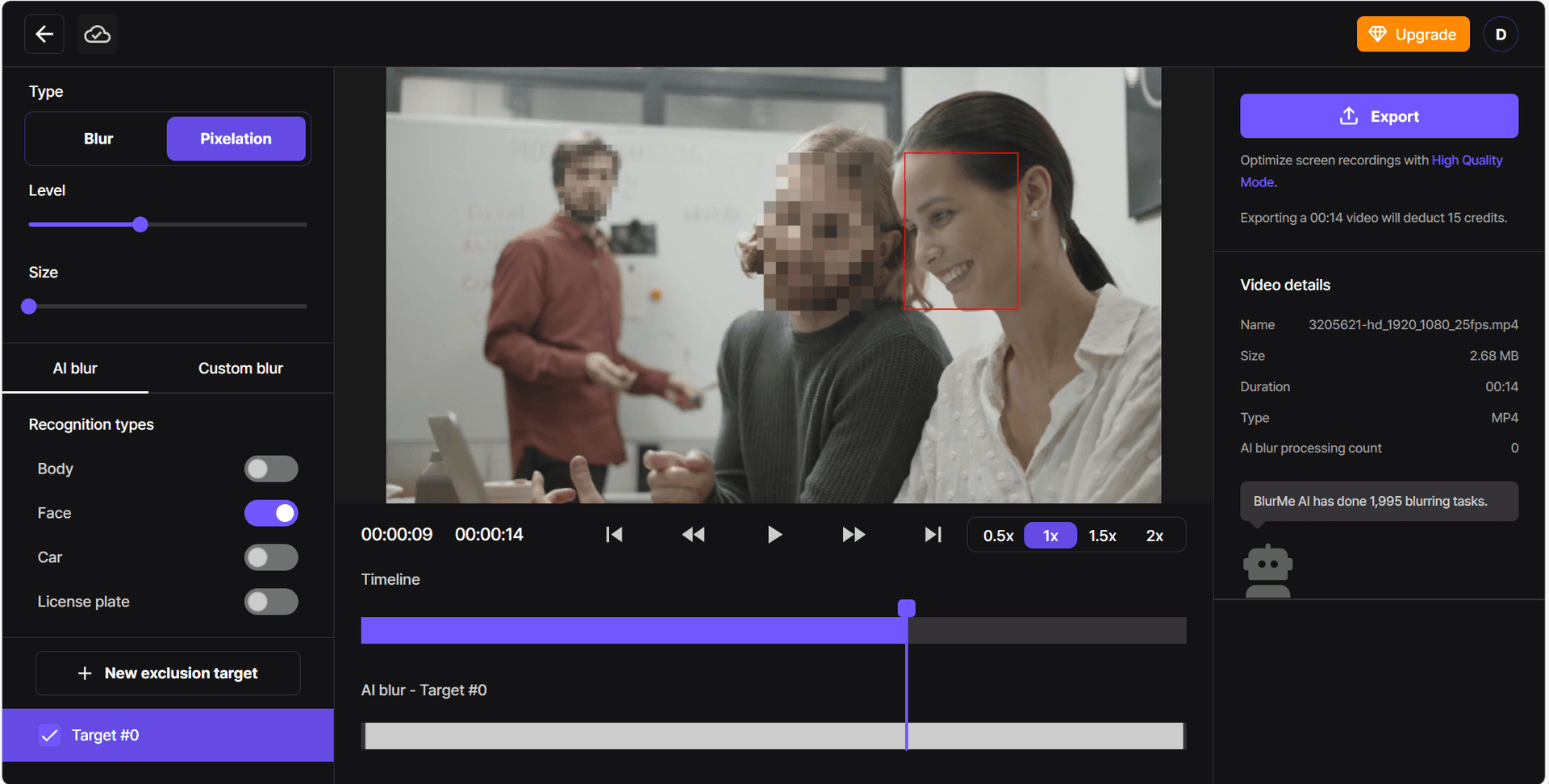 Screenshot dell'interfaccia dello strumento Pixelazione con soggetti selezionati per la pixelazione
