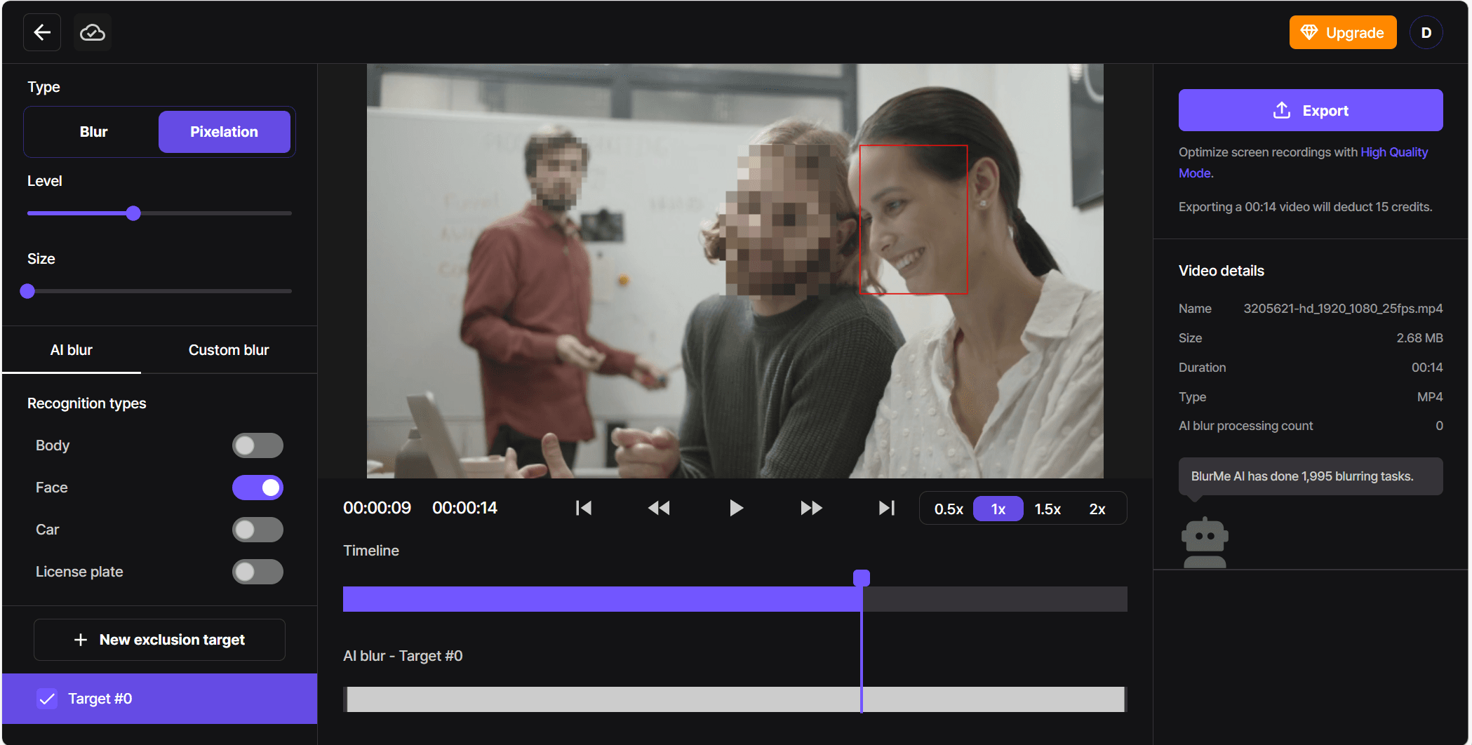 Screenshot dell'interfaccia dello strumento Pixelazione con soggetti selezionati per la pixelazione