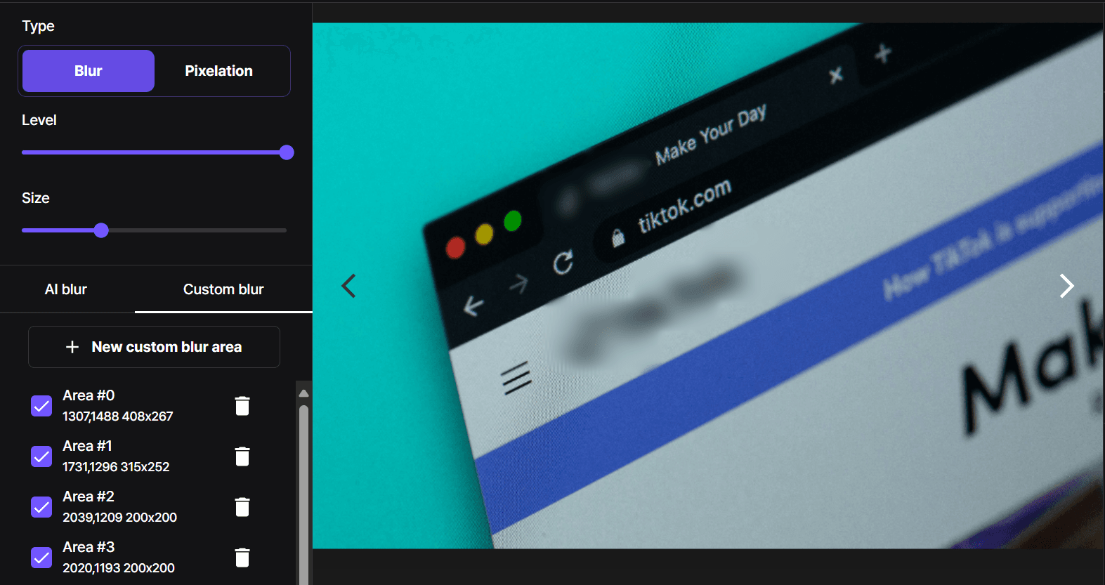 Screenshot of BlurMe’s custom blur tool applied to a selected logo in a photo