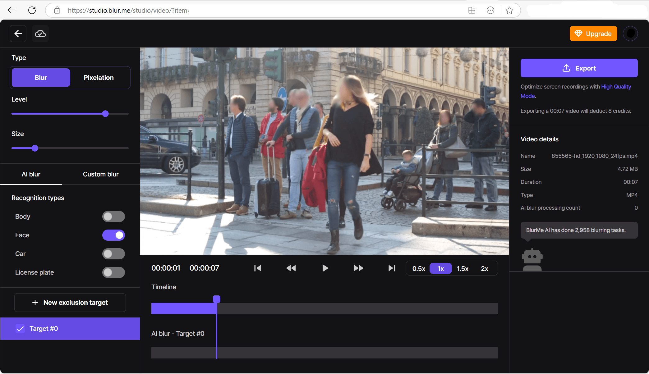 BlurMe’s video editor showing options for blur, pixelation, and censor bars