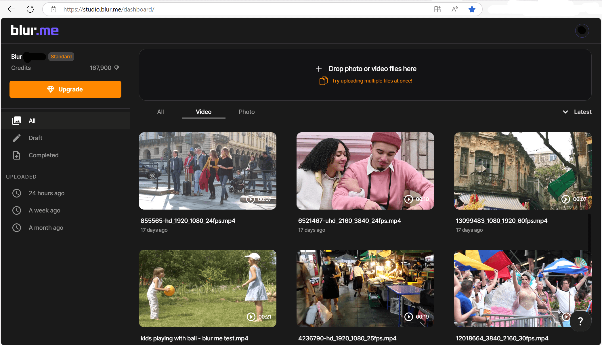 Screenshot of BlurMe’s upload interface with a user selecting a video file for editing