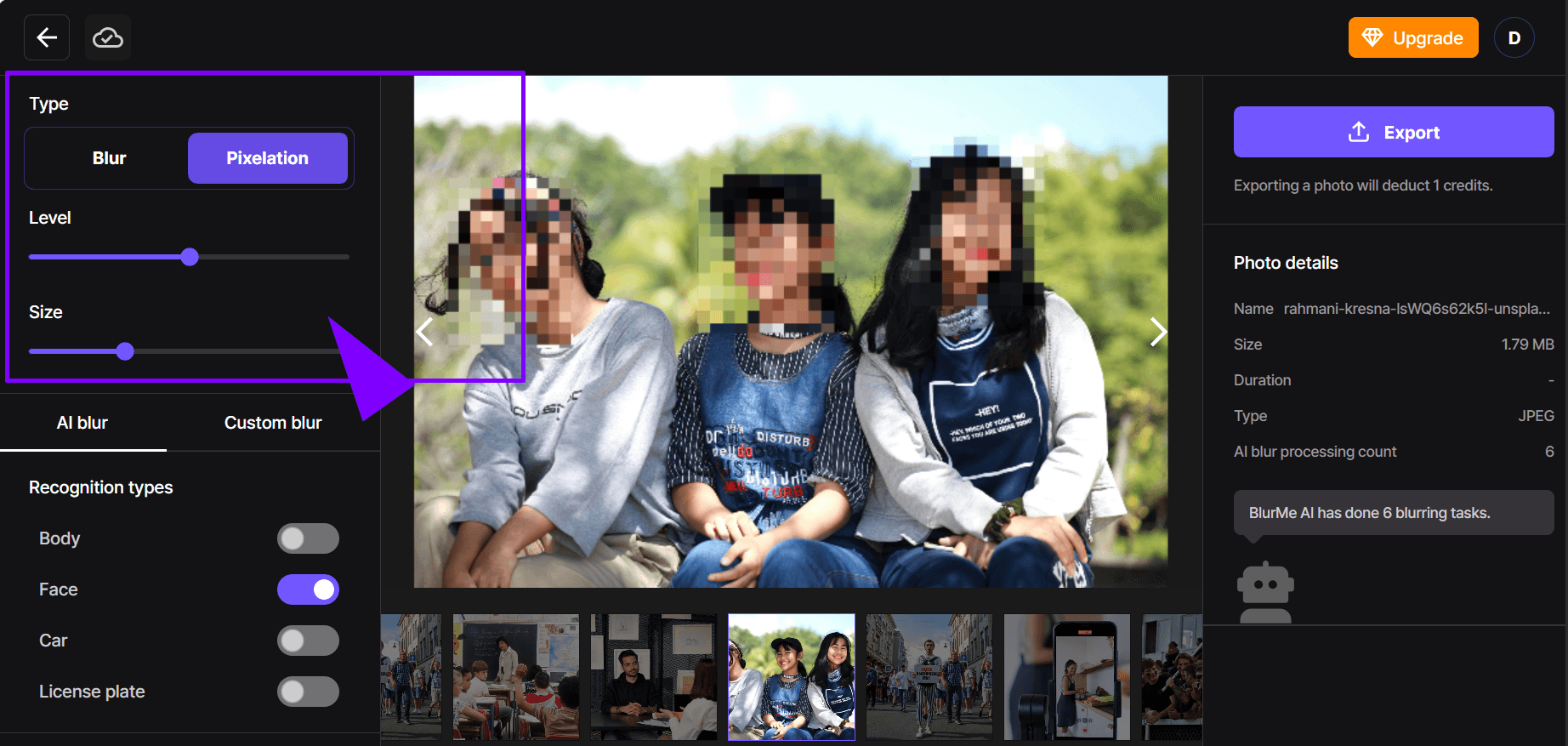 Regler zur Anpassung der Pixelgröße, um das Bild stärker oder schwächer zu verpixeln.