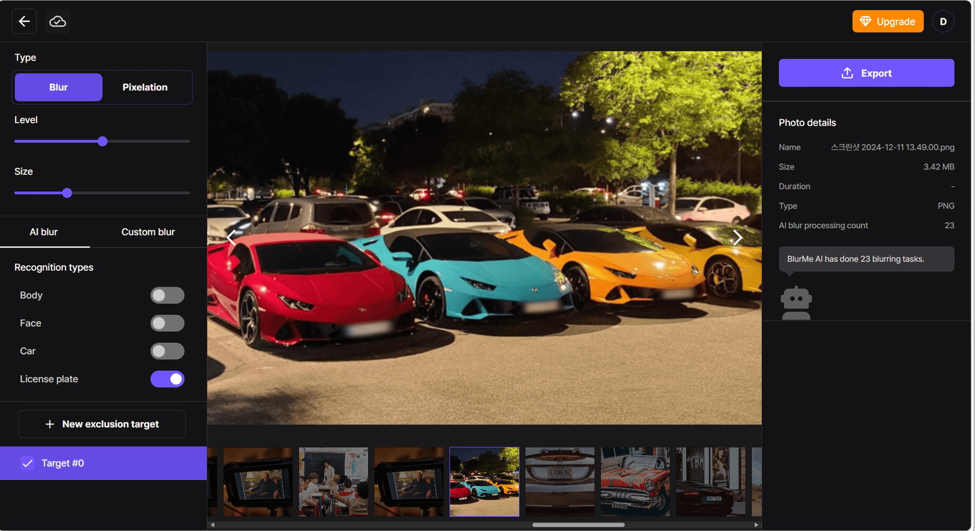Selezionando AI Blur per rilevare automaticamente le targhe nella foto