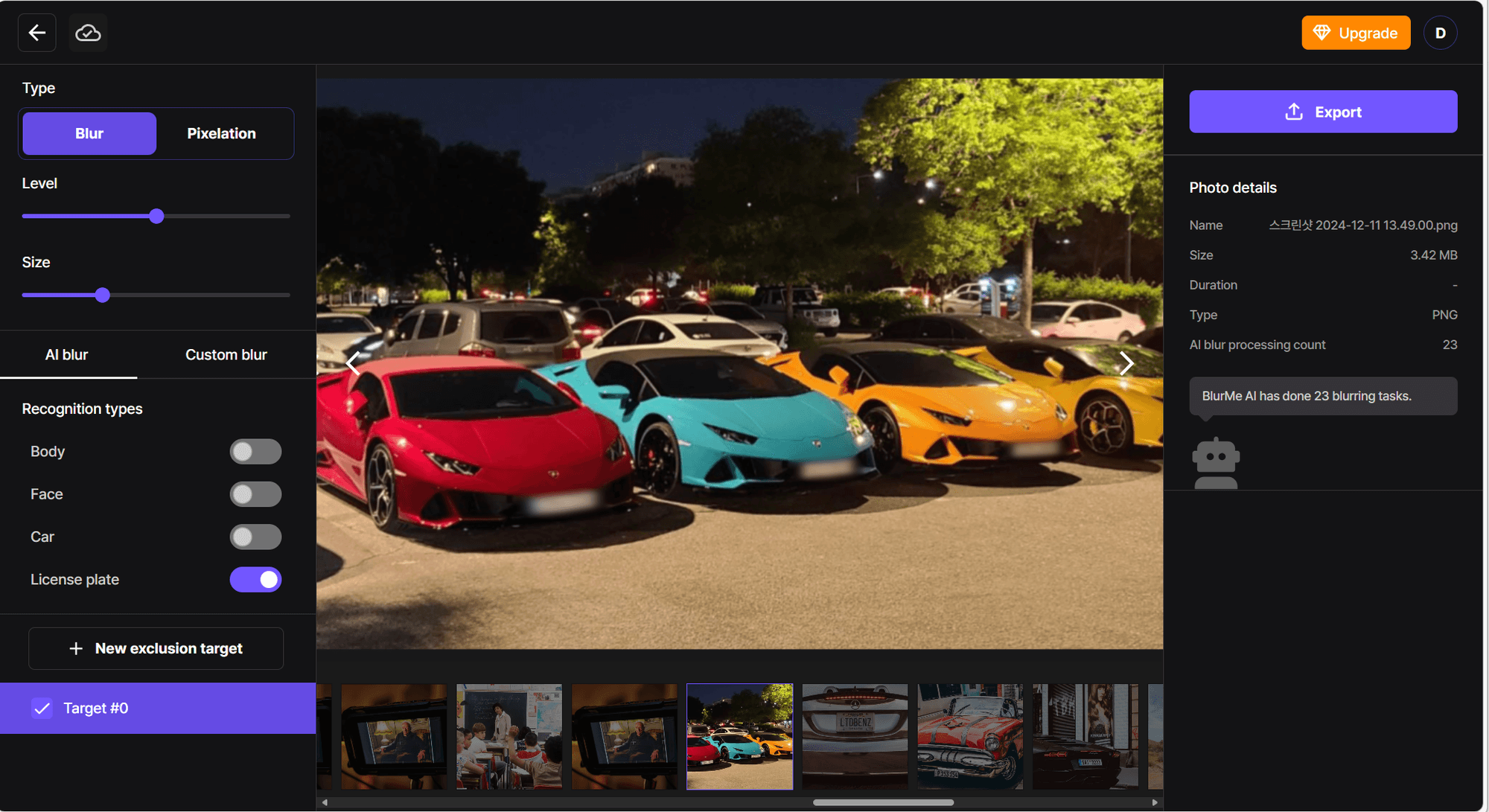 Sélectionner AI blur pour détecter automatiquement les plaques d'immatriculation dans la photo