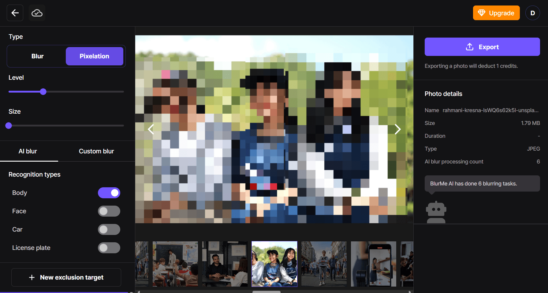 Strumento Pixelate selezionato dalla barra degli strumenti di modifica di BlurMe con le impostazioni del filtro pixel visibili