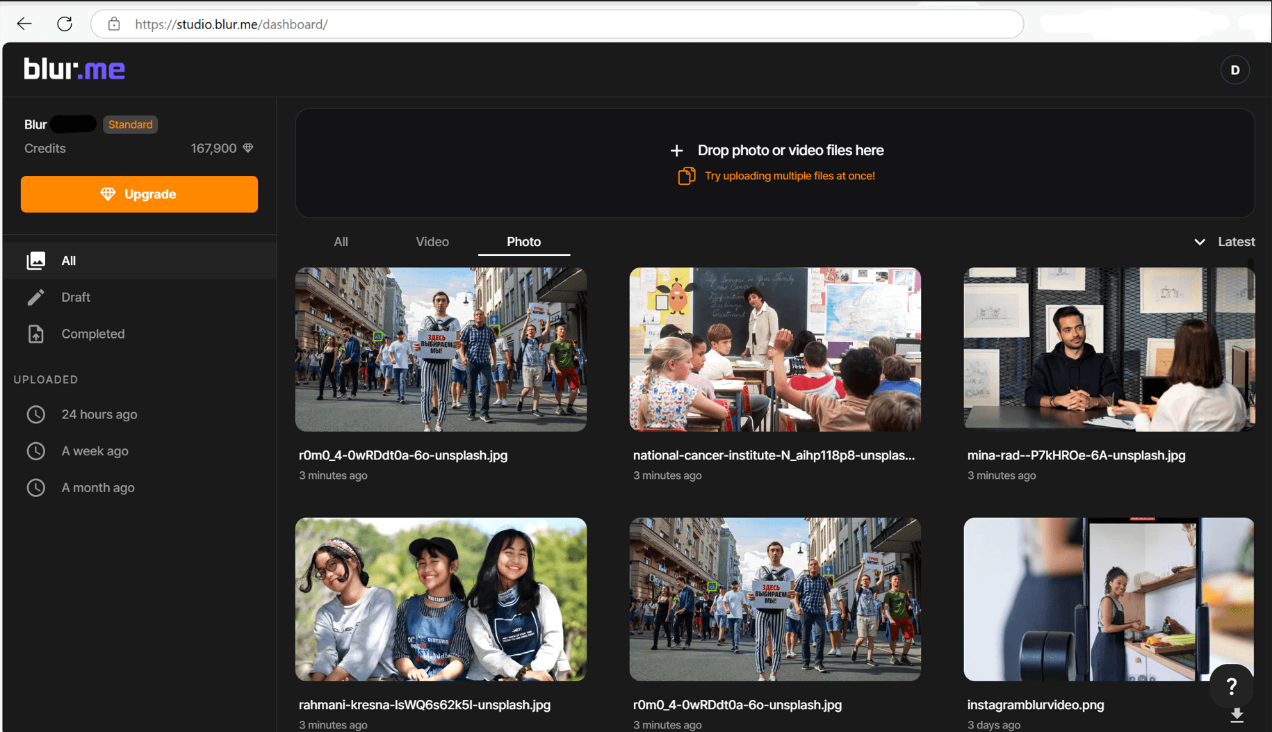 BlurMe Studio online editor homepage showing how to start applying a box blur filter to an image