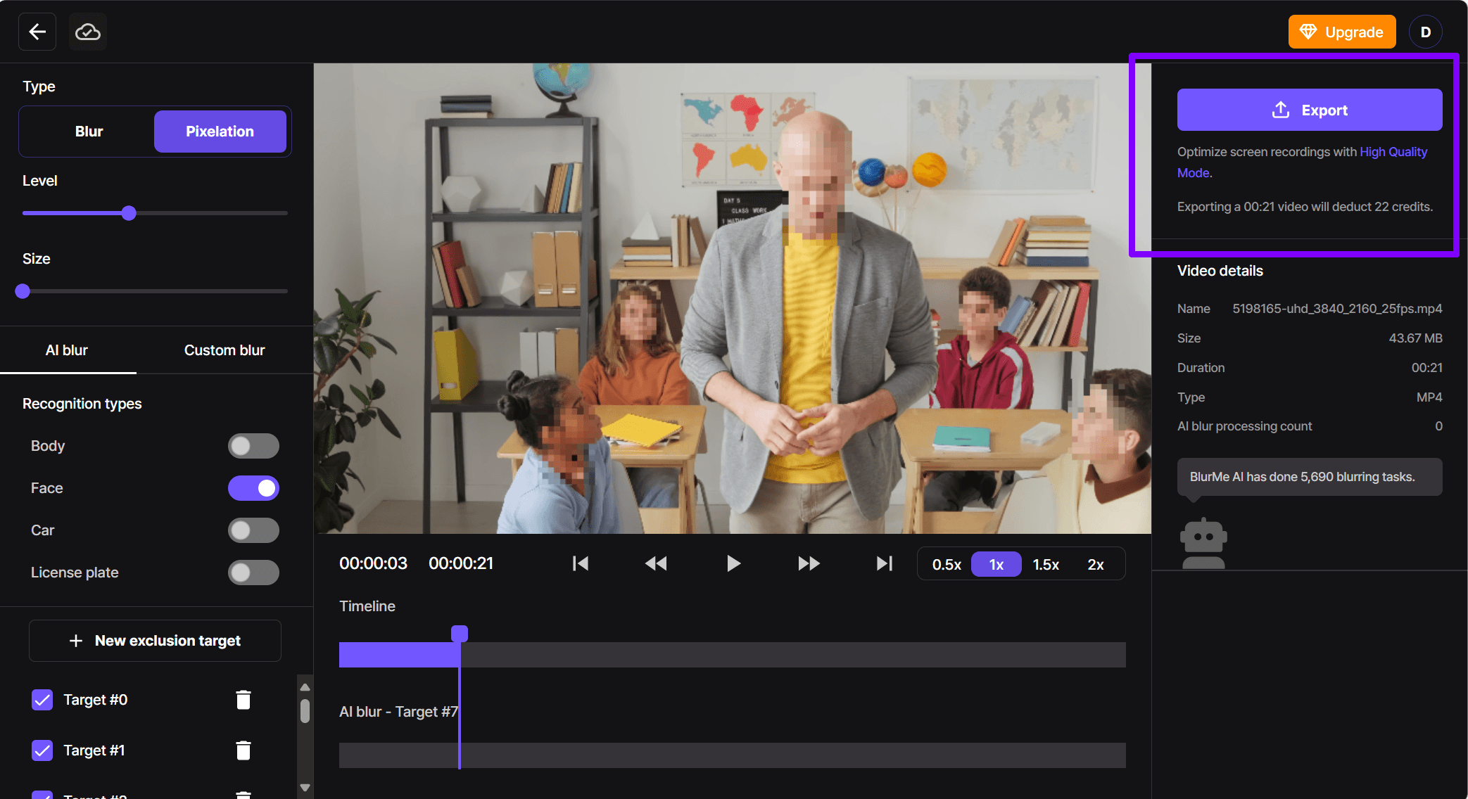 Previsualizando y exportando el video pixelado final