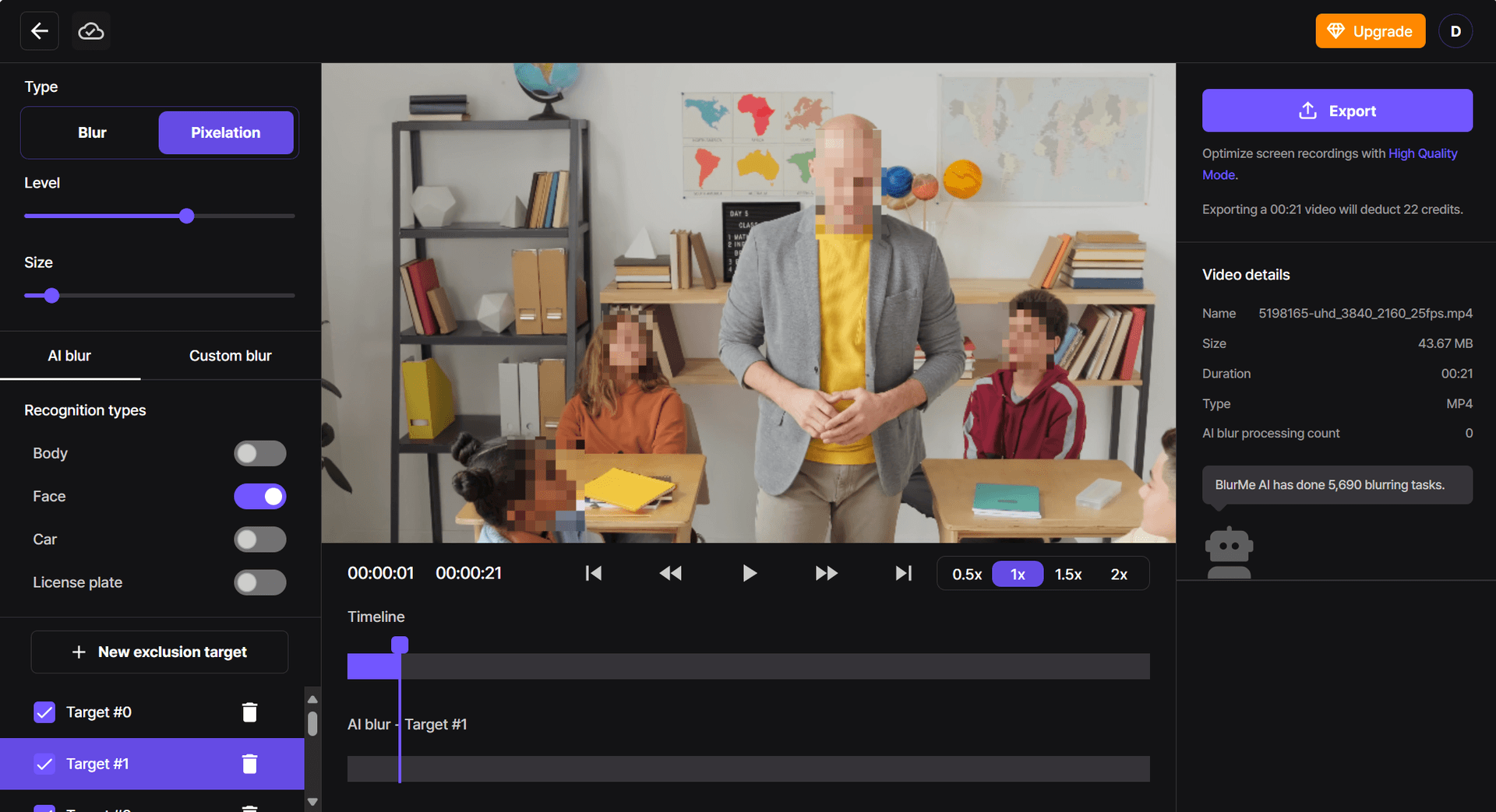 Seleccionando la opción de Pixelar en el menú de tipos de desenfoque en BlurMe