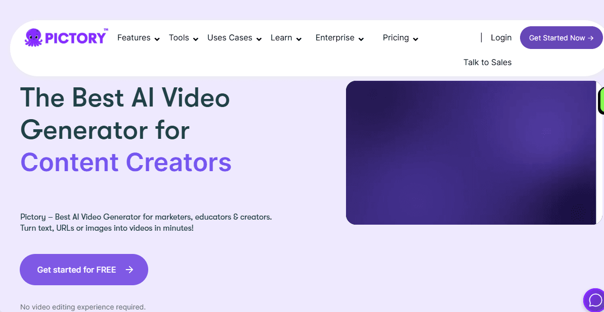 Pictory homepage.