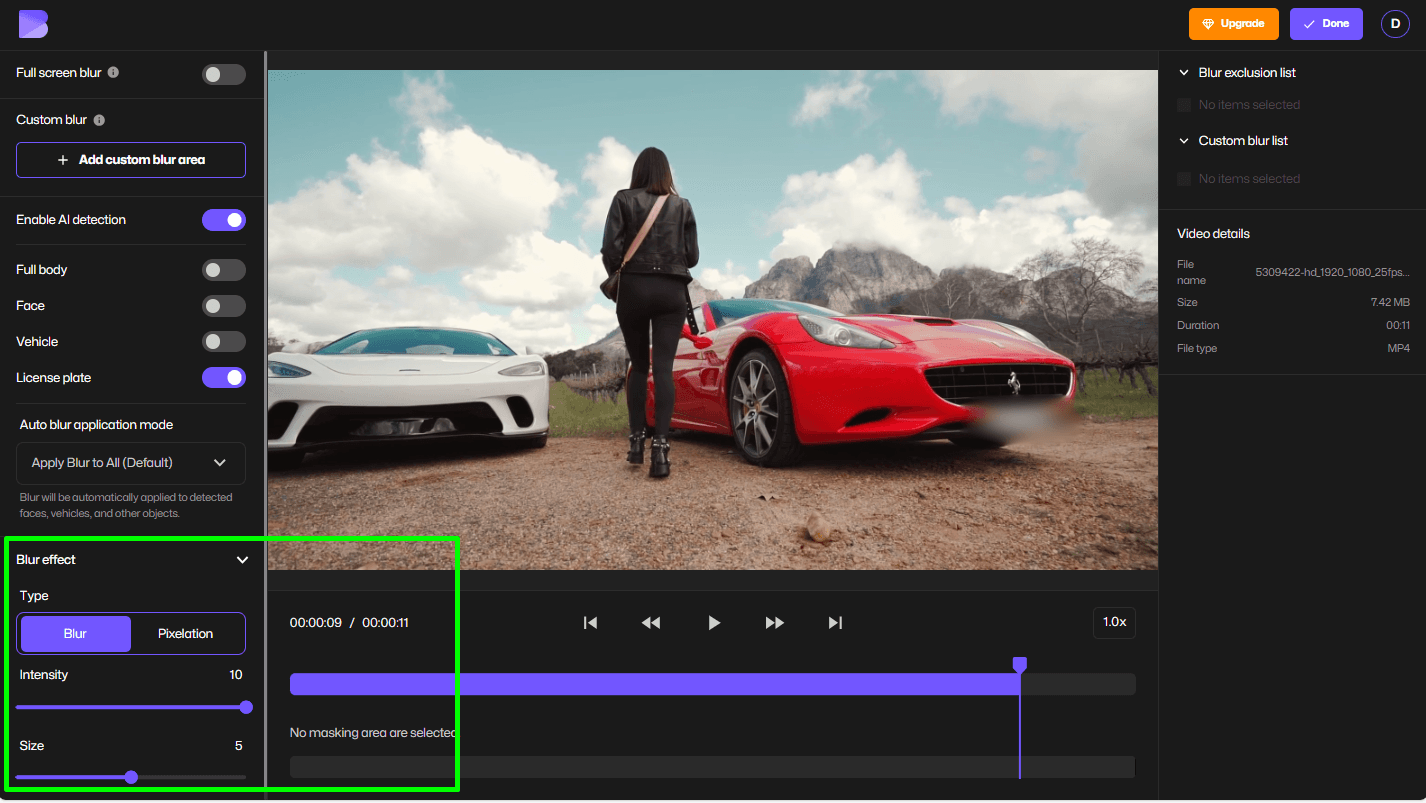 BlurMeでナンバープレートのぼかし強度やスタイルを調整中
