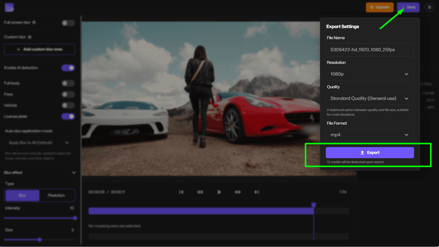 BlurMeからぼかされたナンバープレート動画をエクスポート中